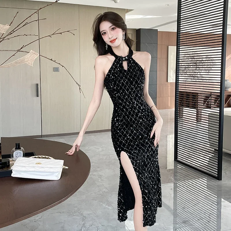 Ofallsis Chinese Style Cheongsam Black Neck Hanging Velvet Dress 2024 Women's Autumn Winter High end Sexy Birthday Long Dresses