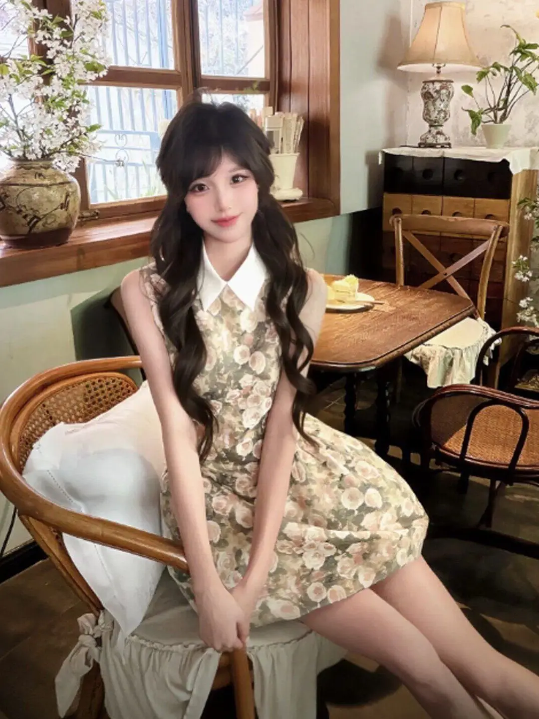 Retro Oil Painting Sleeveless Floral Dress Women's Summer  Collar Waist Cinching Slimming Initials Dress City Commute