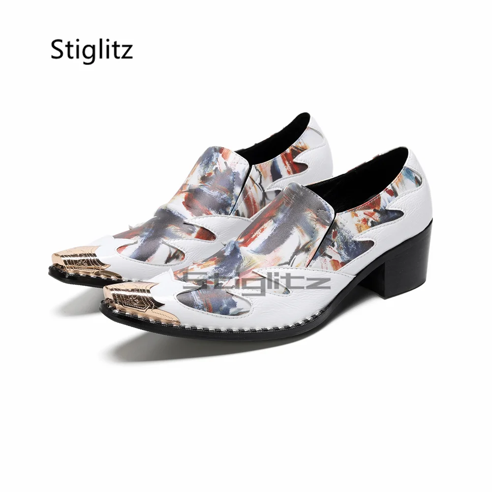 

High Heels Prints Dress Business Loafers Men's Shoes Iron Pointed Toe Genuine Leather Slip On Graffiti Patchwork Formal Shoes