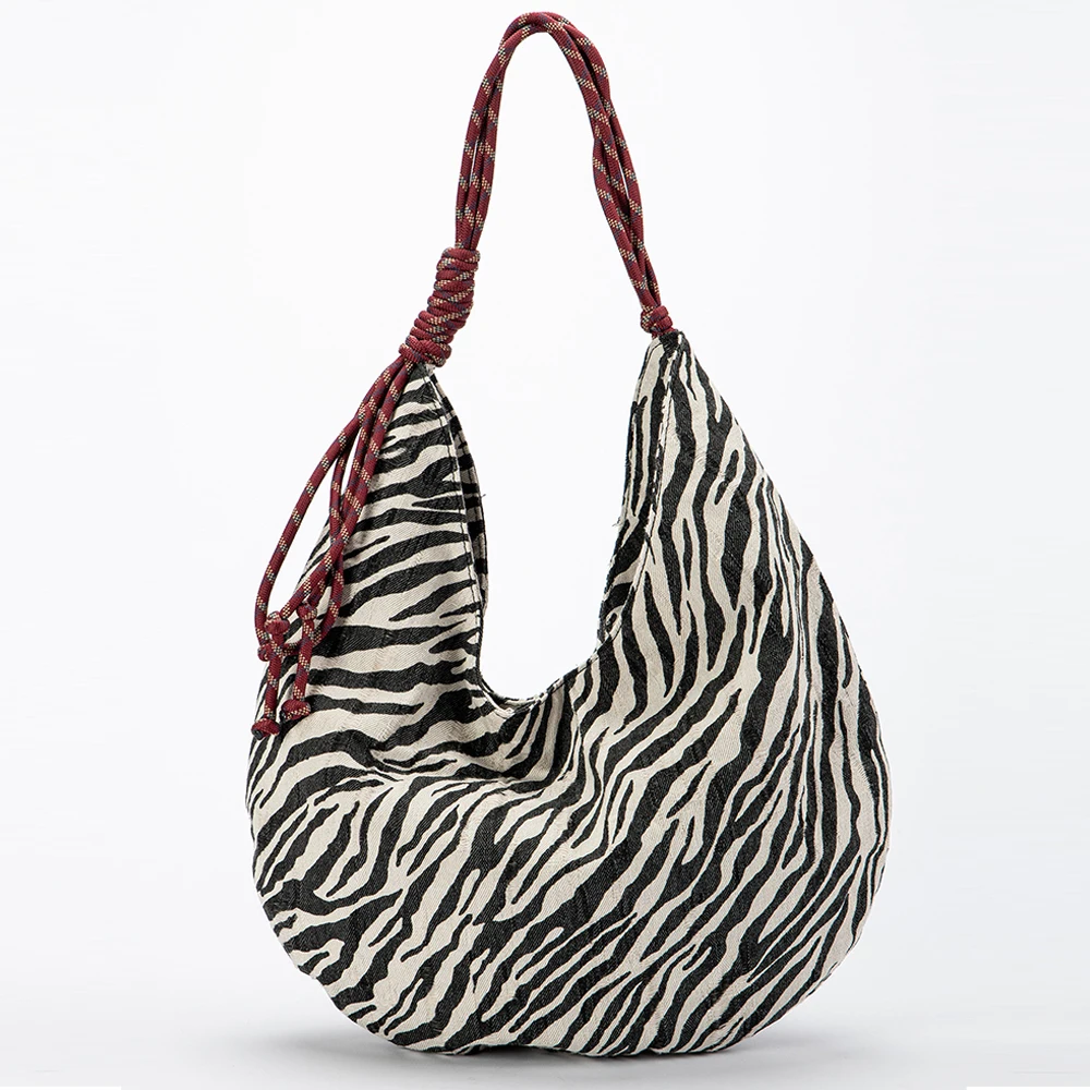 

Zebra Stripes Canvas Tote Women Shoulder Bag Large Capacity Designer Handbags Rope Handle Shopper Half Moon Cloud Bags for Women