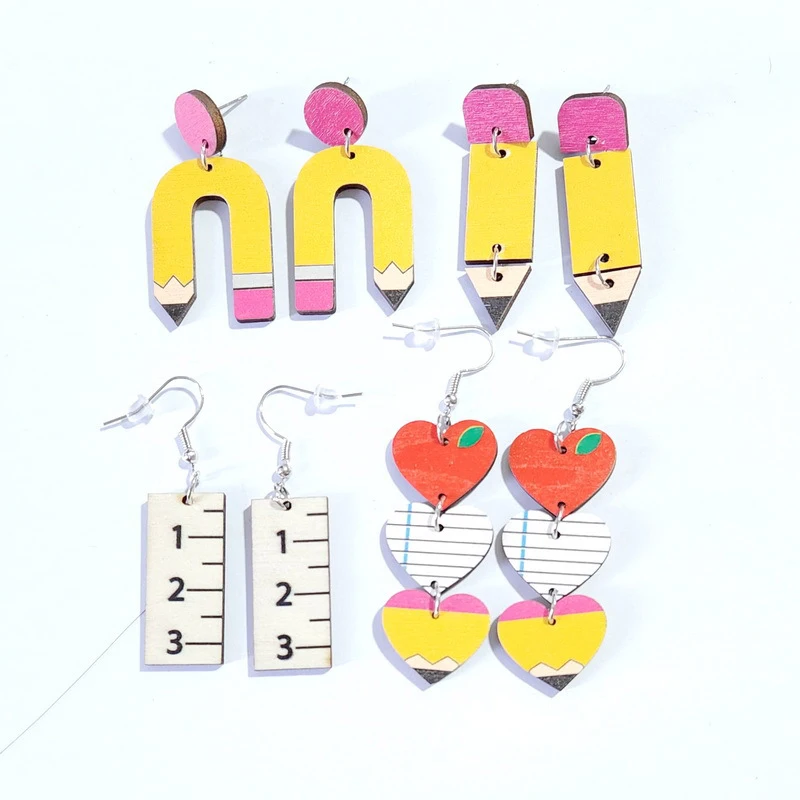 Cute School Season Rainbow Pencil Wooden Earrings For Women Sweet Ruler Heart Notebook Wood Earrings