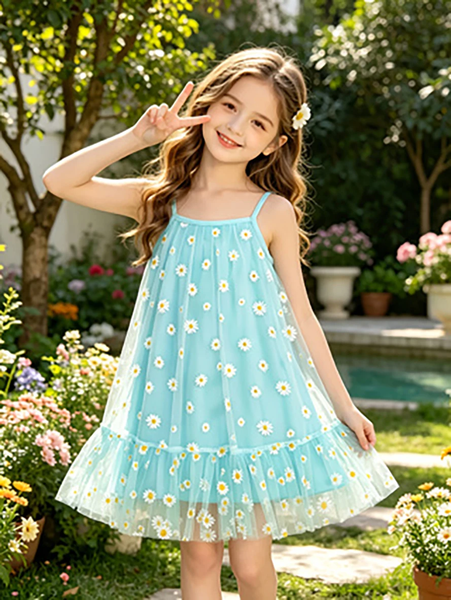 Blaues & grünes Gänseblümchen-Trägerkleid für kleine Mädchen, Sommer-Tüll-Prinzessinnenkleid, Kinder-Blumen-Tutu-Kleid – Detail 3