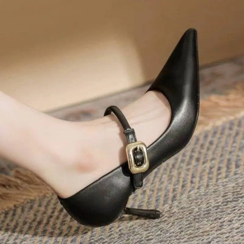 

Pointed Toe Women High Heels Shallow Slip On Belt Buckle Thin Mid Heels New Arrivals Dress Work Pumps Size 35-40 Fashion Simple