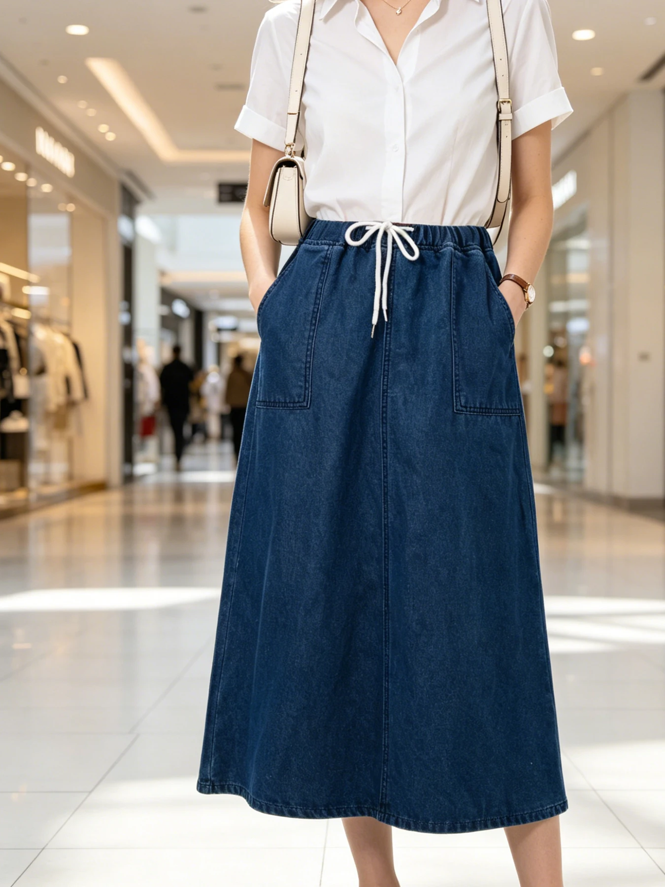 Summer Lightweight Drawstring Mid-Length Denim Skirt, Large Pockets, Loose Fit That Hides Flesh and Looks Slim