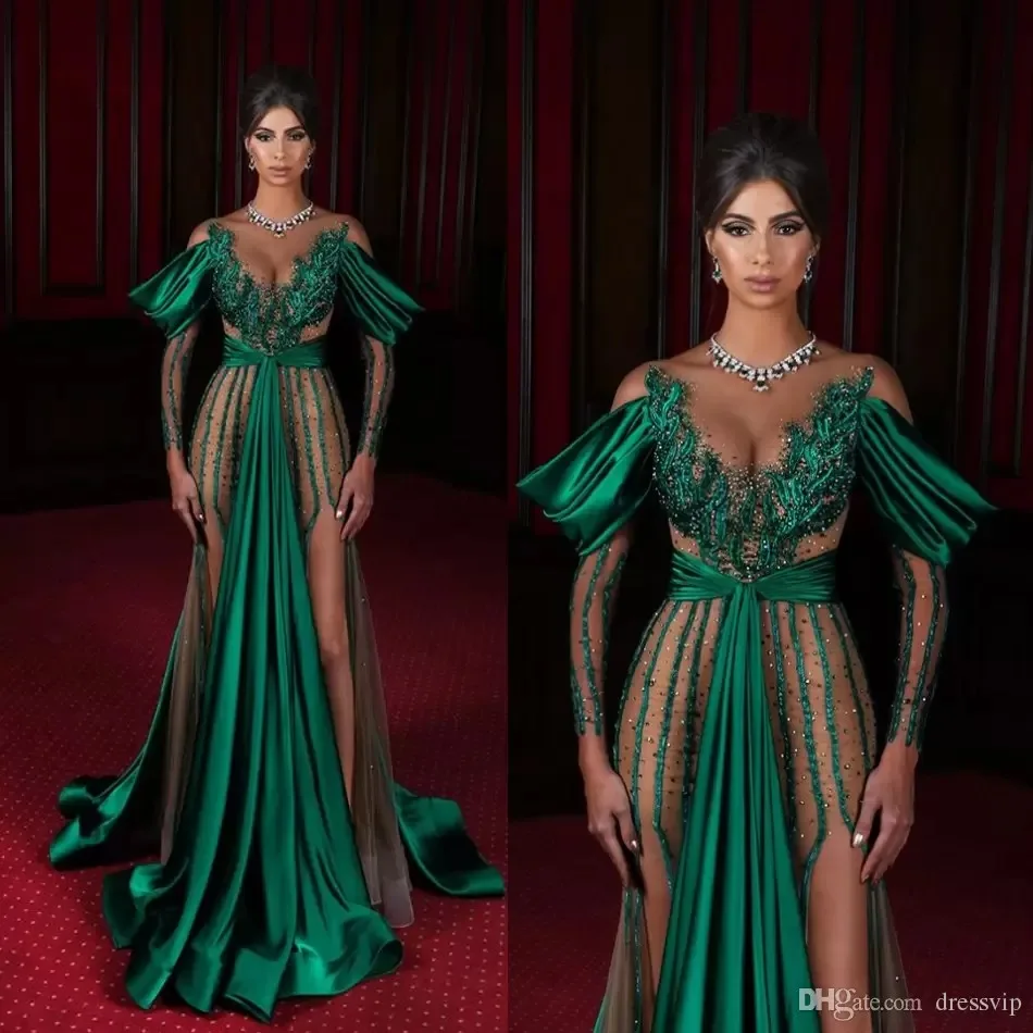 

Dark Green Evening Dresses Sheer Jewel Neck High Side Split Long Sleeve Mermaid Prom Dress Satin Saudi Arabia Celebrity Red Carp