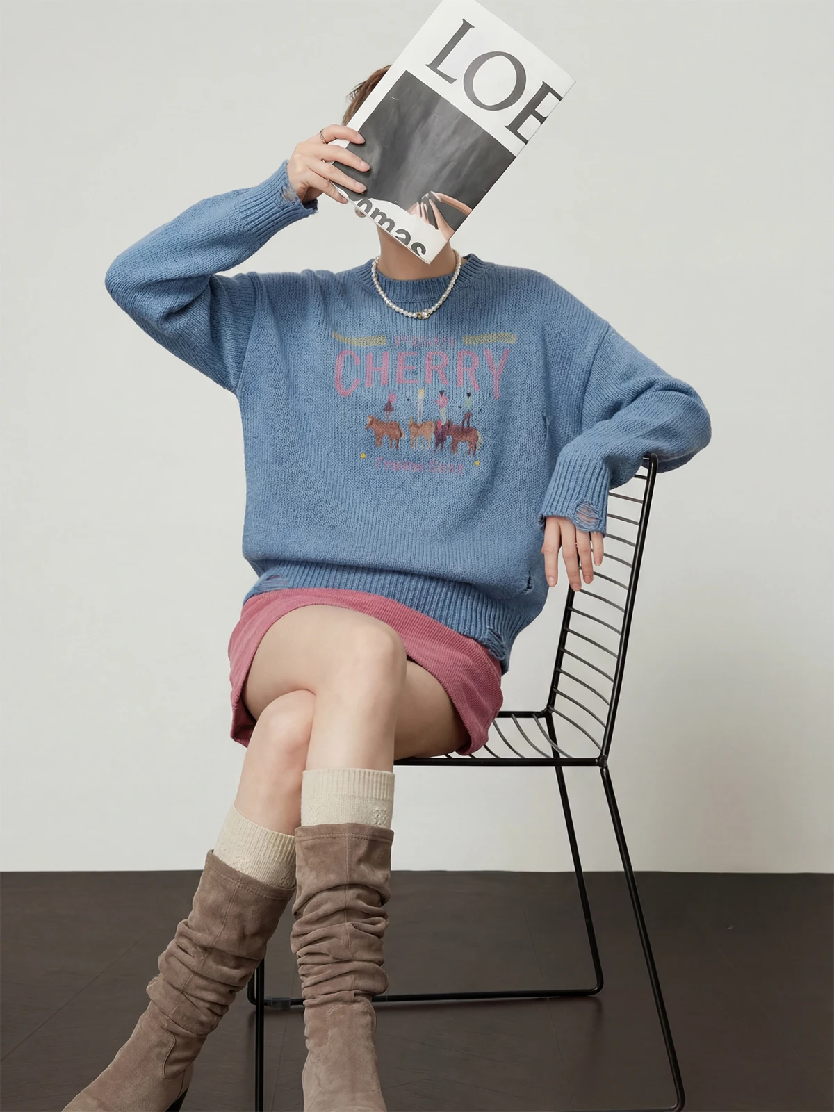 

Loose Casual round Ne Blue Sweater Women's Spring New Sle Comfortable Knitted Top by Zhou Li Wu