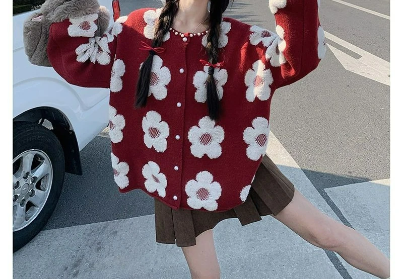 

Jacquard Sweater Jacket Cardigan Autumn and Winter New Style Long Sleeved Flower Outer Loose Knit Top