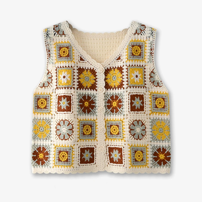 Granny Square Top Sleeveless Button Front Open-knit Crochet Cardigan Women Teengirl Spring Summer Fairycore Vintage Outfit