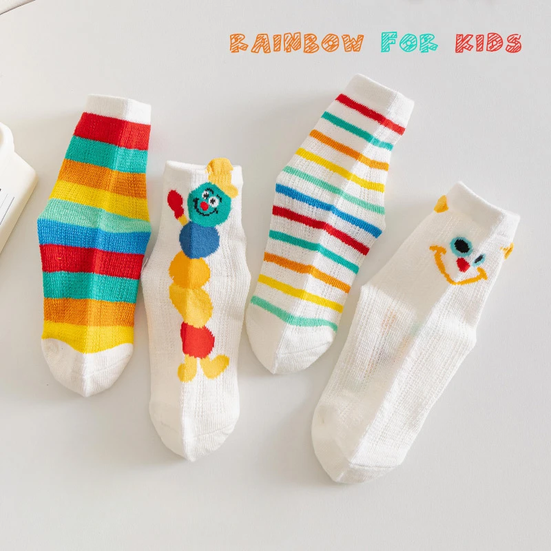 4 Pairs Summer Thin Kids Rainbow Trend Fashion Stripes Cute Boys and Girls Mesh Breathable Comfortable Cotton Socks