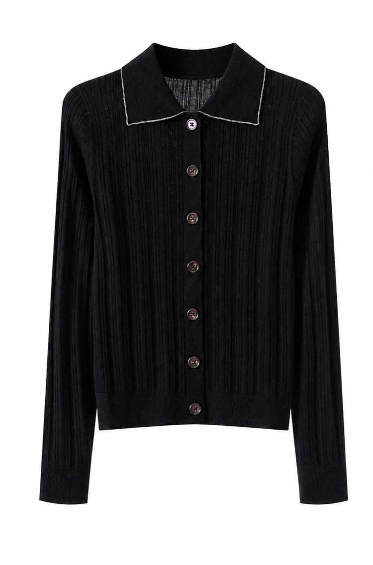 BY3621708 Damen-Strickjacke mit Polokragen, 100% Wolle, strukturiert, gerippt, lange Ärmel, Kragen mit Kettenverzierung, Kunstharzknöpfe, dezenter Luxus für den Herbst – Detail 14
