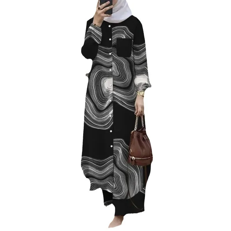 2024 Muslim women's fashion Arabic-style print lapel puffed sleeve shirt and pants suit