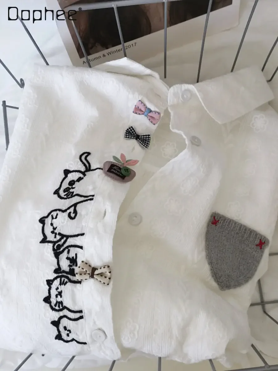 

Kawaii Clothes Cartoon Embroidery Loose Cotton White Shirt Women's Commuter All-Matching Turn-down Collar Long Sleeve Blouse Top