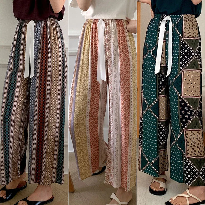

Sleeping Trousers Women's Summer Thin Section Cotton Silk Wide-Legged Trousers Retro Striped Wearable Rayon Large Size Cotton Ho