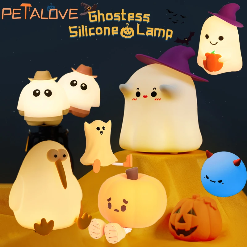 Novel Halloween Night Light Silicone Ghost Pumpkin Shapes Rechargeable Touch Bedside Sleep Lamp Decoration Great Gift