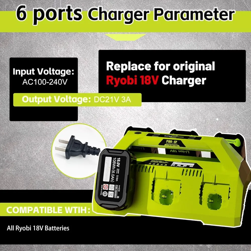 【 Wall-hole】 Replace 6 Port Chrager for Ryobi 18V Lithium-Ion Charger Fast Charge with Power Choose Button,6 LED Indicators