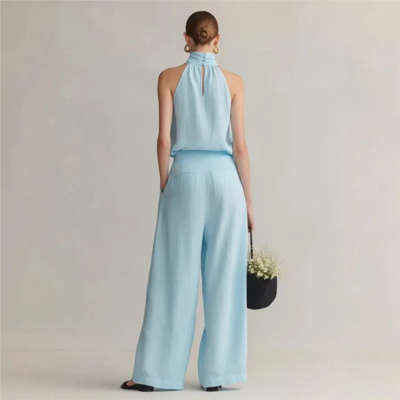 2026 New Summer Women's Pants Set Solid Color Hanging Neck Casual Loose Fashionable Comfortable Versatile And Commuter Pants Set