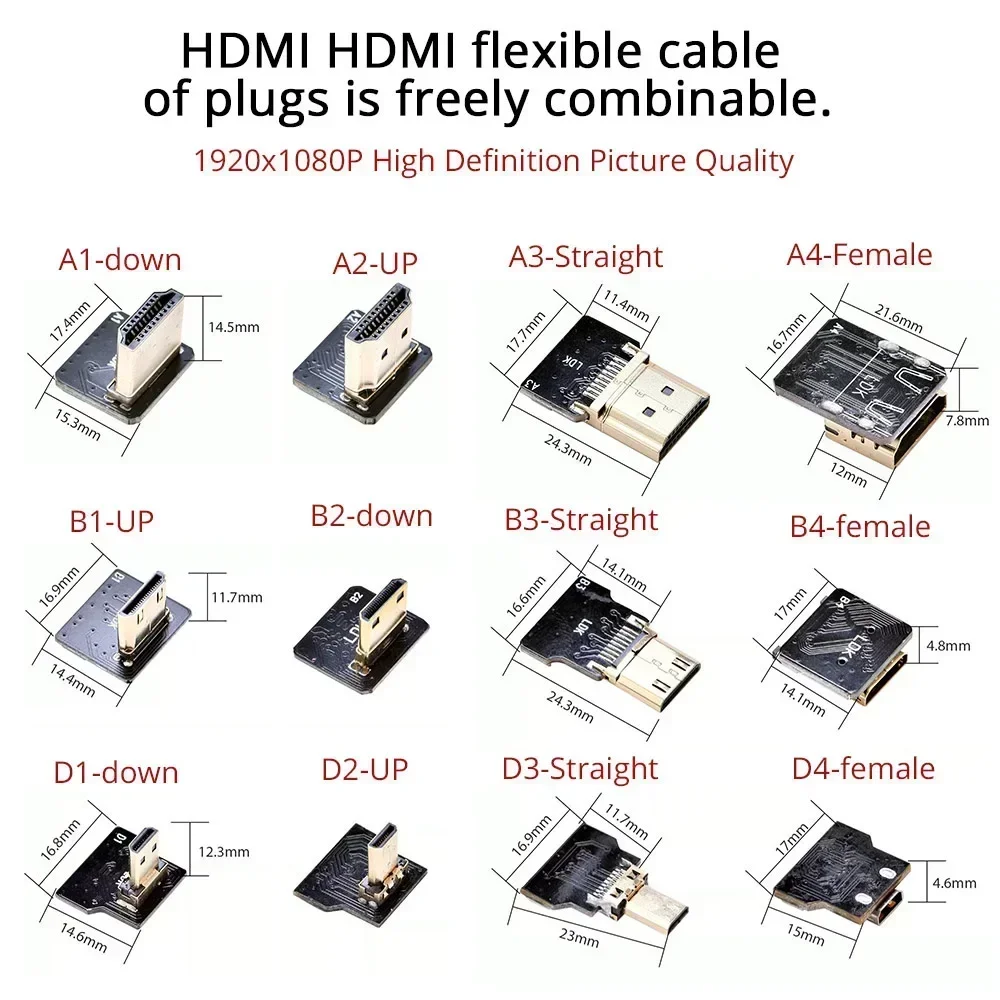 Suitable for HDMI-A1 A2 A3 A4 FFC Flexible Cable FPC Aerial Video Male Female 20P Shielded Cord PC Computer Gimbal Adapter Elbow