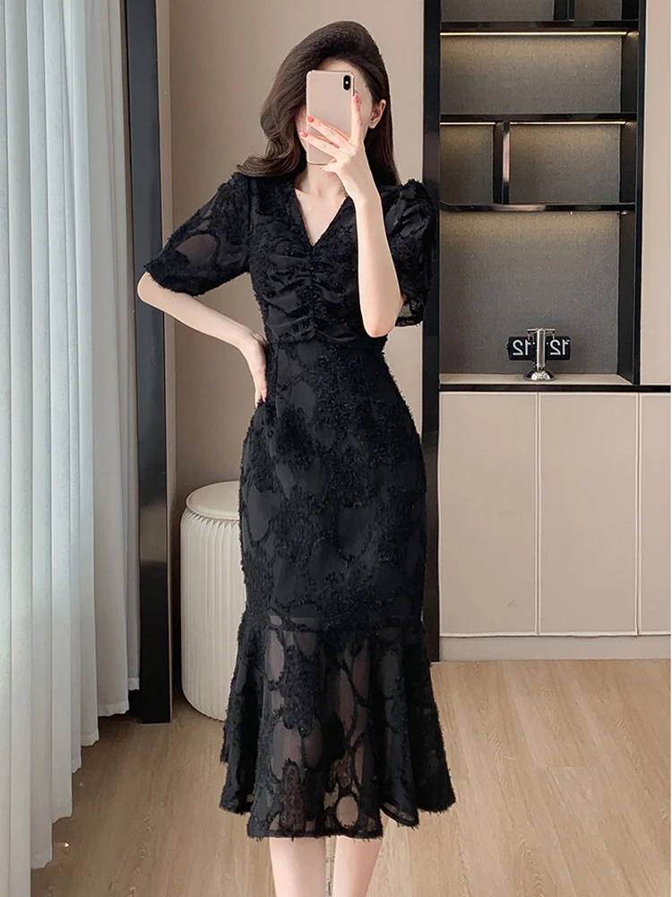 Neues Elegantes Damen-Midikleid Sommer Vintage Spitze Transparente Kurzarm Slim Fit Meerjungfrauenkleid Formelles Partykleid Tägliches Casual Mode-Outfit