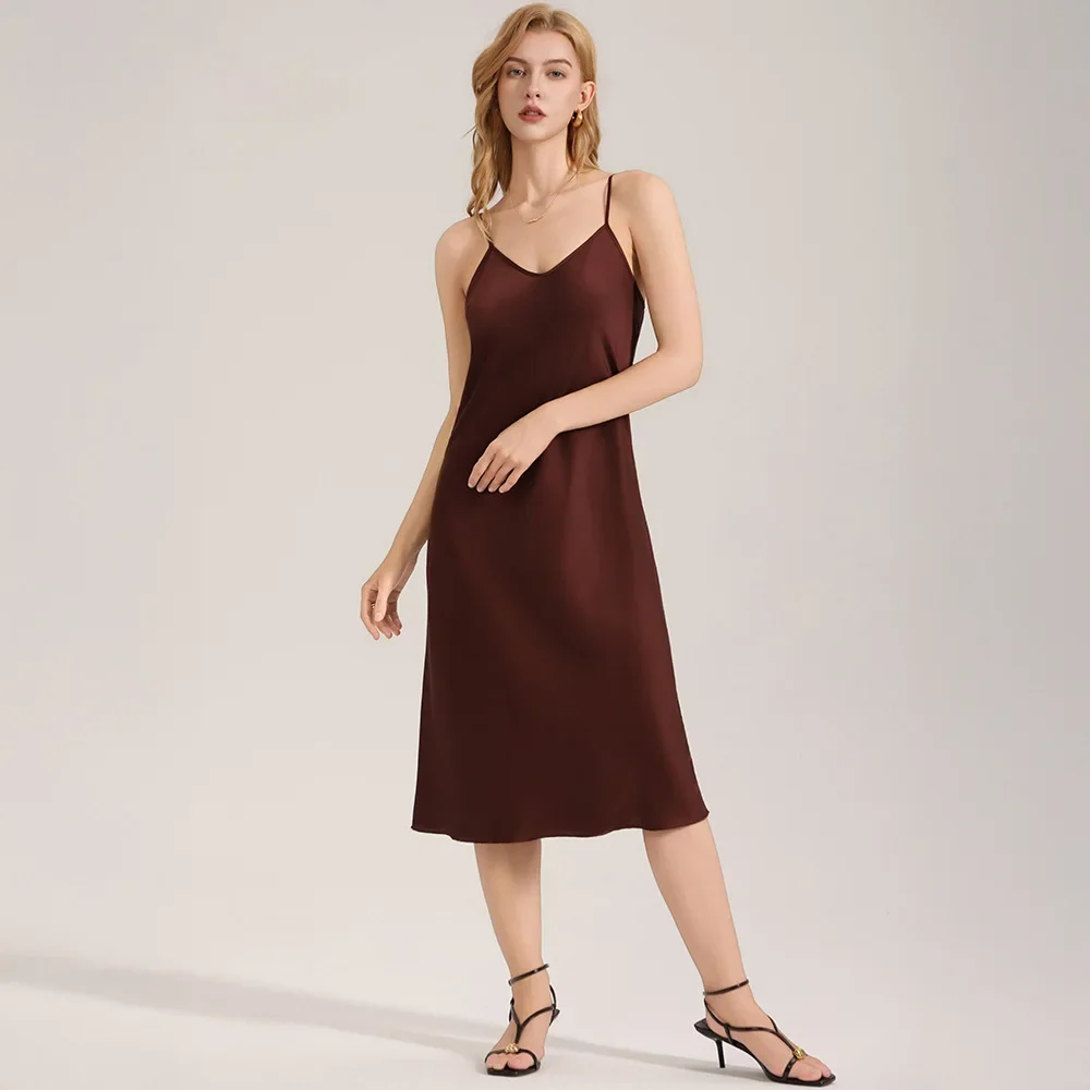 Simple Solid Color Satin Chiffon Sleepwear Casual and Elegant for Women's Slim Fit Suspender Nightgown Bathroom Home Wear Dress