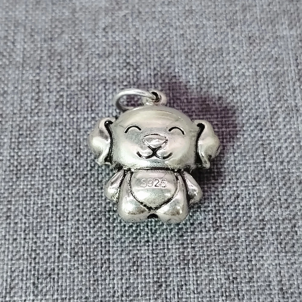 

925 Sterling Silver Cartoon Style Dog Charm 2-Sided 3D Hollow Animal Pendant for Bracelet Necklace