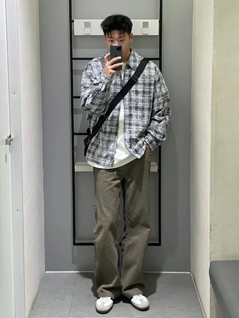 

American Retro Destroyed Hem adient Long Sve Double Zipper Plaid irt Men's Loose Fit irt Jaet Youth Trend Spring A...