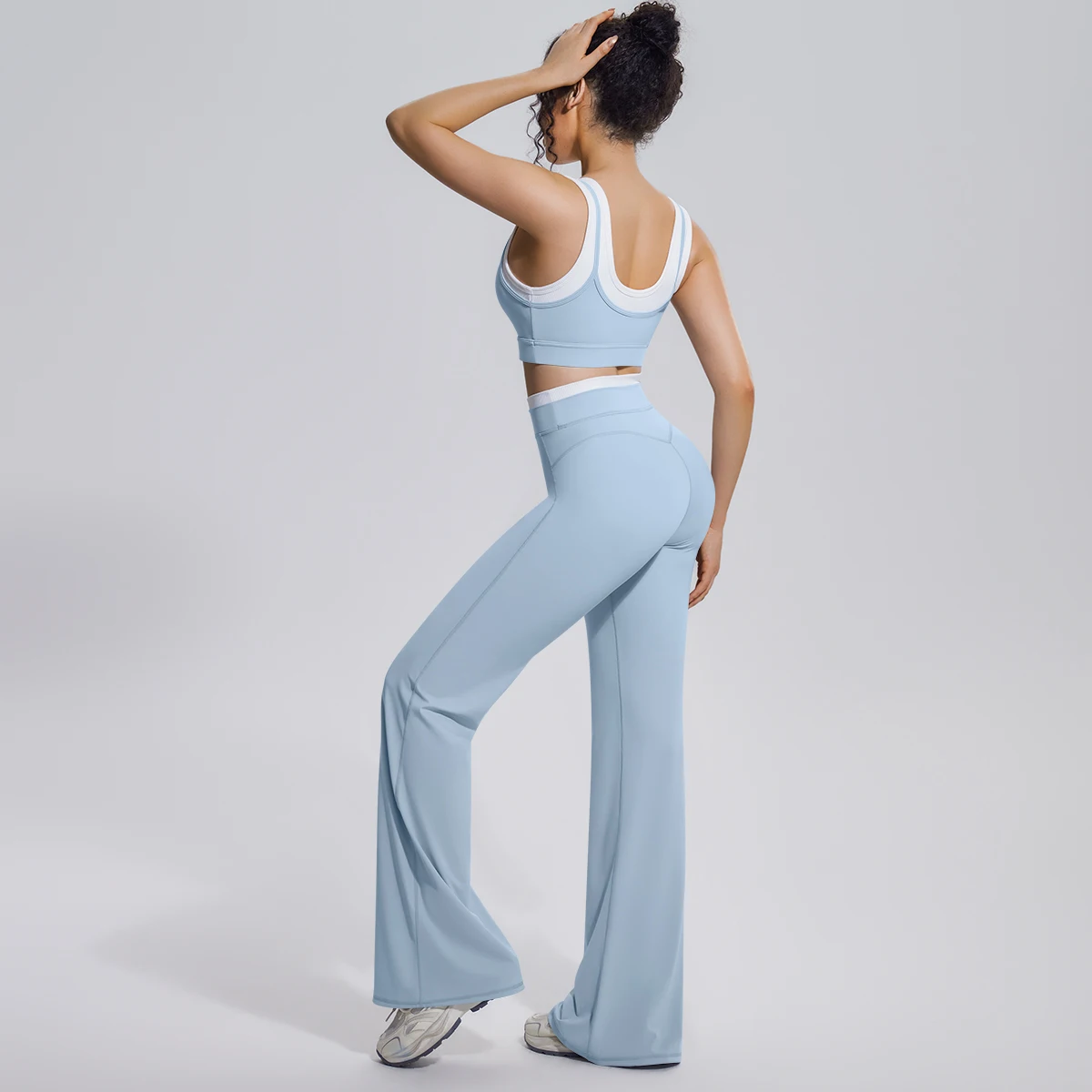 Neues Farbblock-Set mit Schönem Rücken-Yoga-BH und Weiten Hosen für Sommer, Fitness, Laufen und Workout, Hochelastisches, Lockeres Schlaghosen-Oberteil – Detail 37