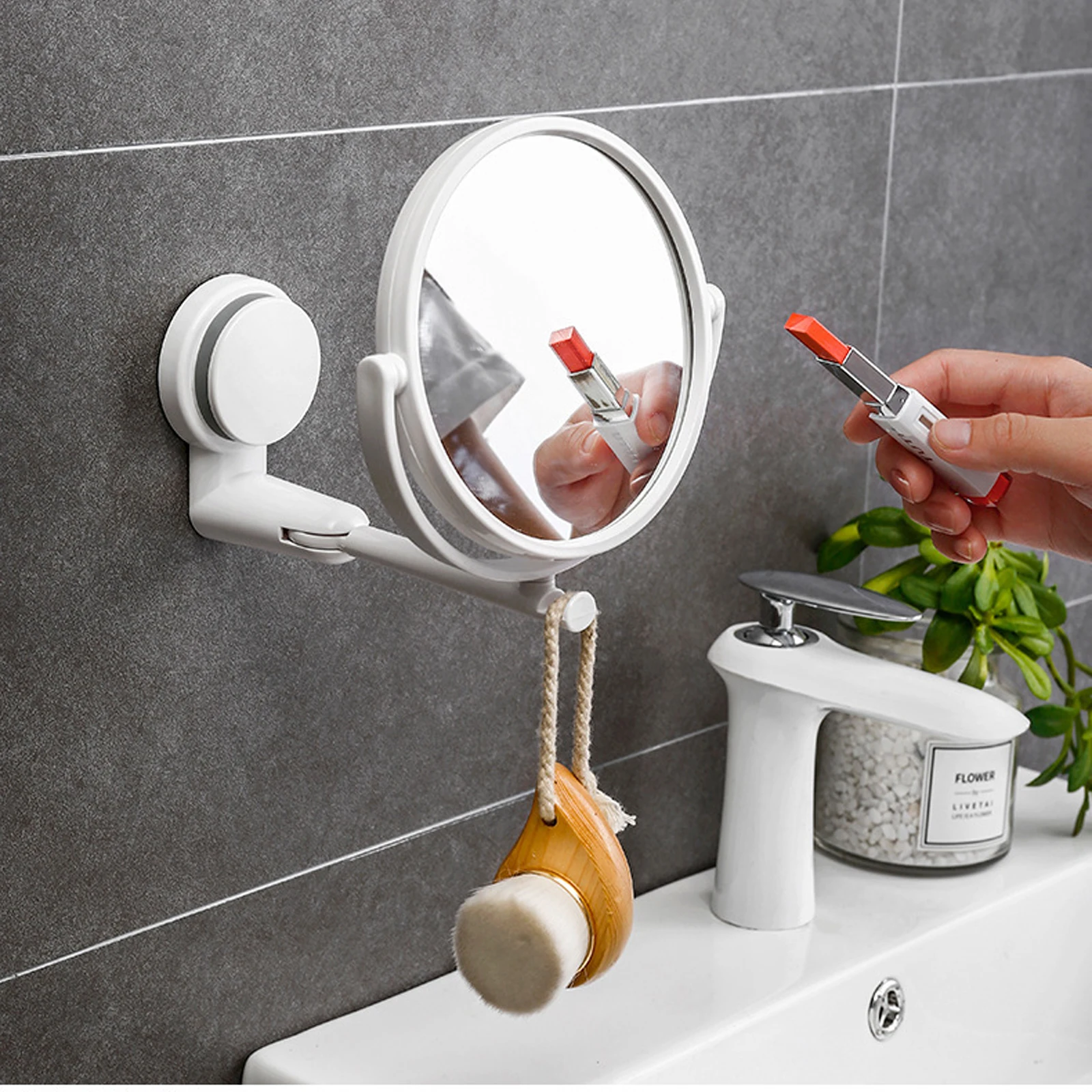 

Bathroom Folding Makeup Mirror Wall Mounted Punch Free Glass ABS Rotary Design Makeup Mirror Wall Mirrors for Bathroom