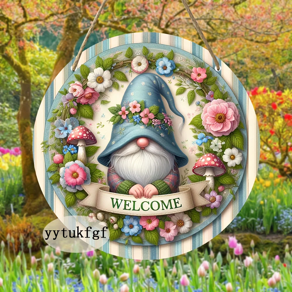 2D Flat, 1pc Charming Gnome Welcome Sign - Retro Wooden Wall Art with Vibrant Floral Design, 20.32x20.32 cm High-Quality Recycle
