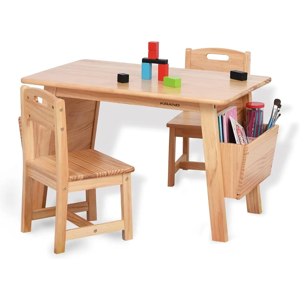 Rand Kinder Massivholz Tisch und 2 Stuhl Set mit Aufbewahrung Schreibtisch und Stuhl Set für Kinder Kleinkind Aktivität Tisch (Massivholz