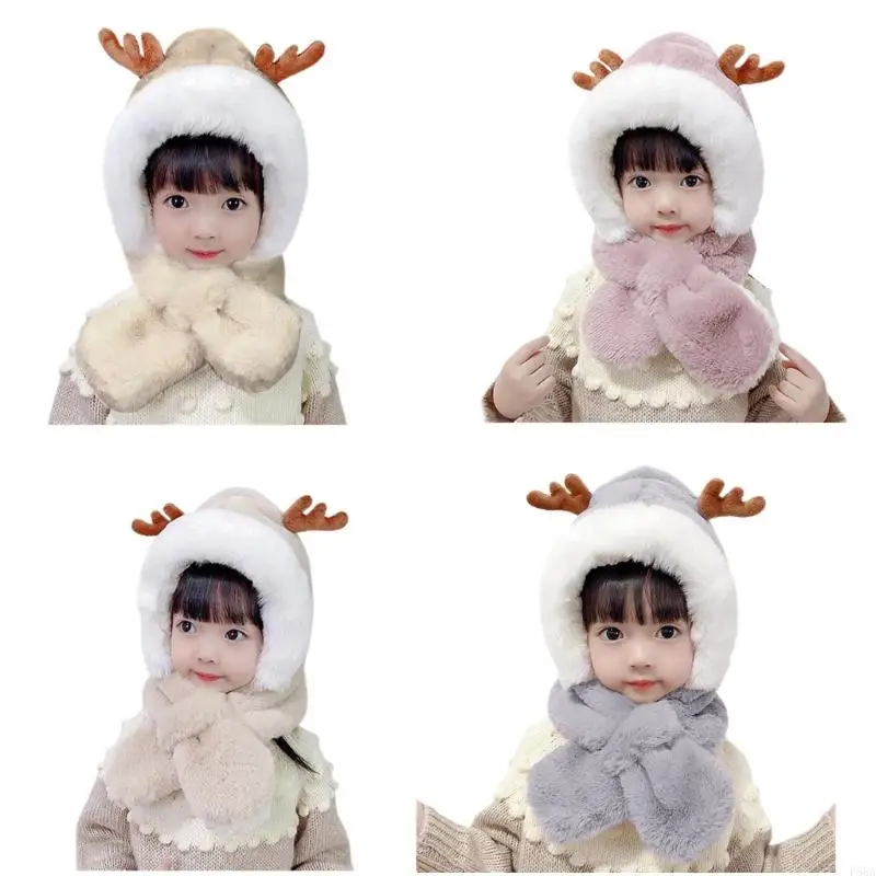 P88A Antler Scarf One-piece Hat Multi-functional Ear Caps Super Soft Scarf Hat Combo Baby Windproof Cold-proof