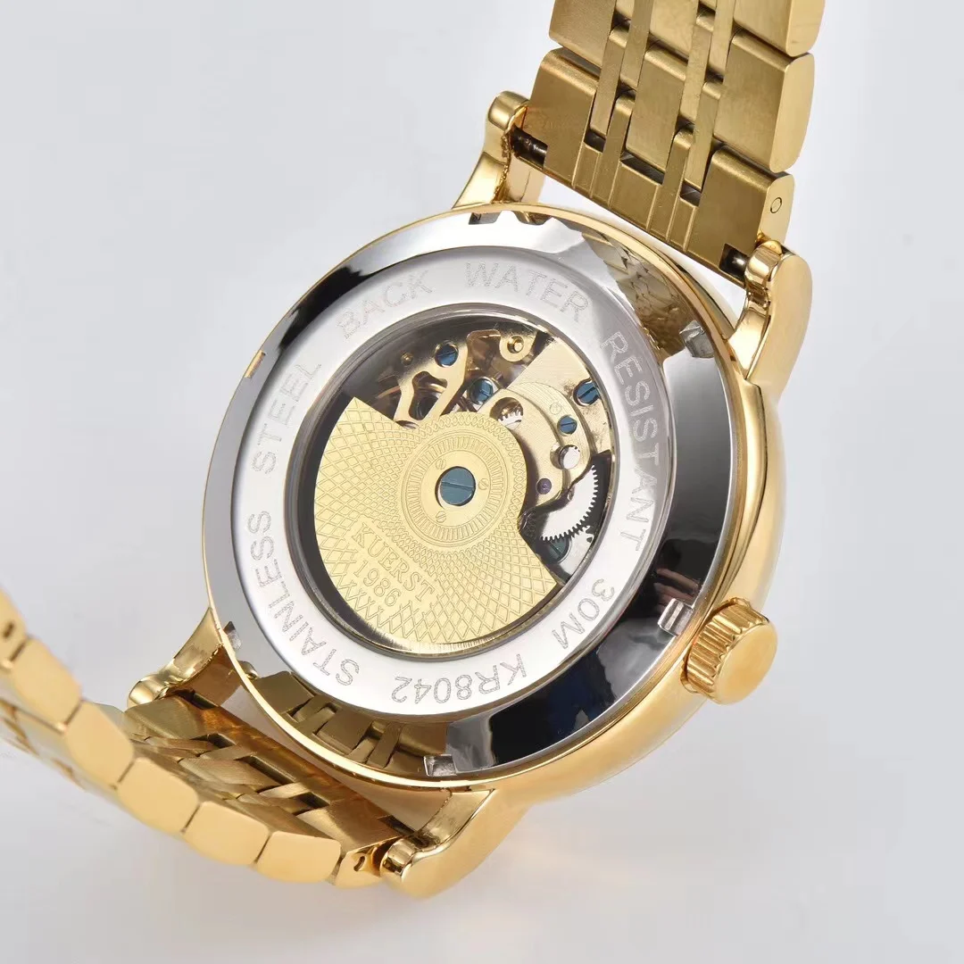 Reloj de pulsera dorado para hombre, reloj mecánico a prueba de agua, reloj profesional redondo, reloj de movimiento transparente