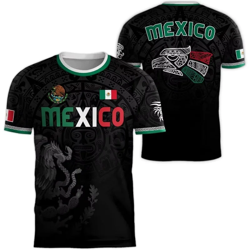 Mexico Print Jersey T-Shirt Aztec Pattern Mexican Eagle Flag Casual Short Sleeve Tee Men Women Unisex Streetwear Sports Fan Top