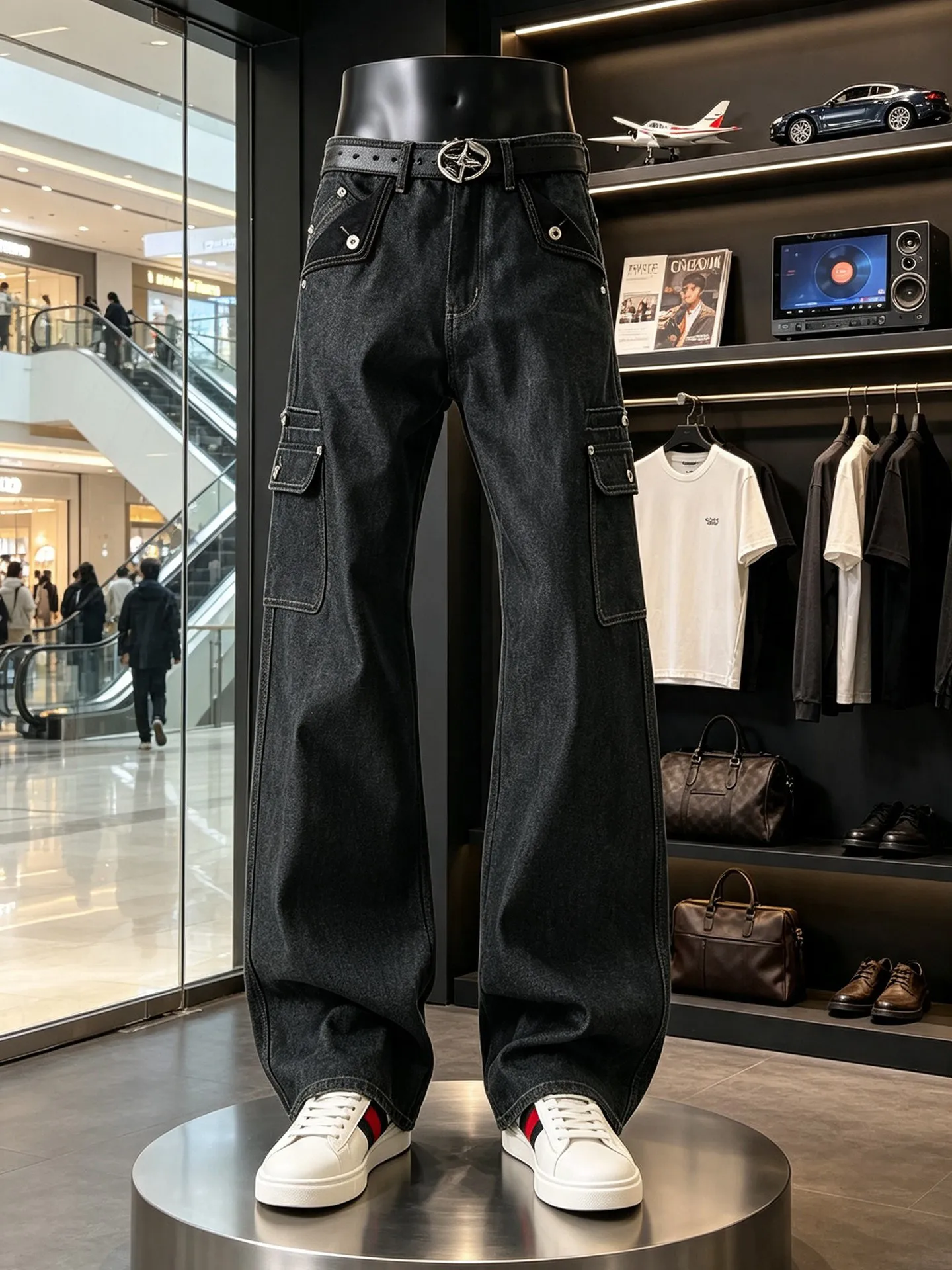 Retro American Work Pants Men's A-Line Denim Jeans Multiple Pockets Trendy High Street Deconstructed Patchwork Long Trousers