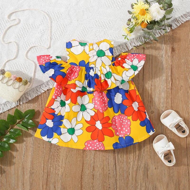 Summer Fashionable Sweet Floral Printed Sleeveless Baby Girl Dress Cotton Comfortable Soft Breathable Crew Neck Baby Girl Dress