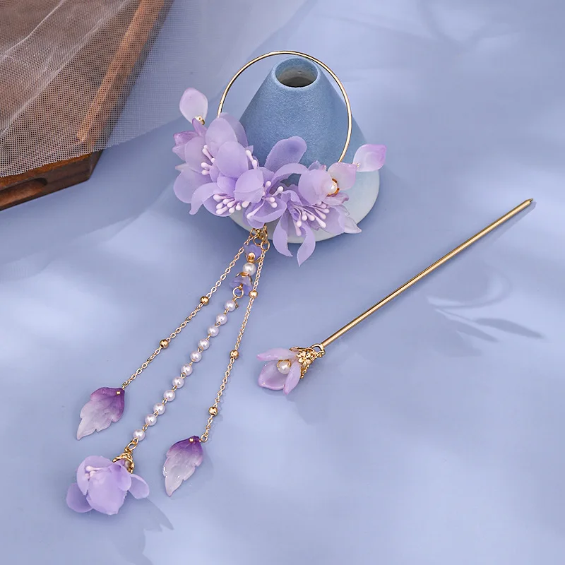 Fashion Jewelry 2024 Purple Flower Hair Sticks Forks with Hoop Floral Ring Pendant Hairpins Women Girls Hair Styling Jewellry