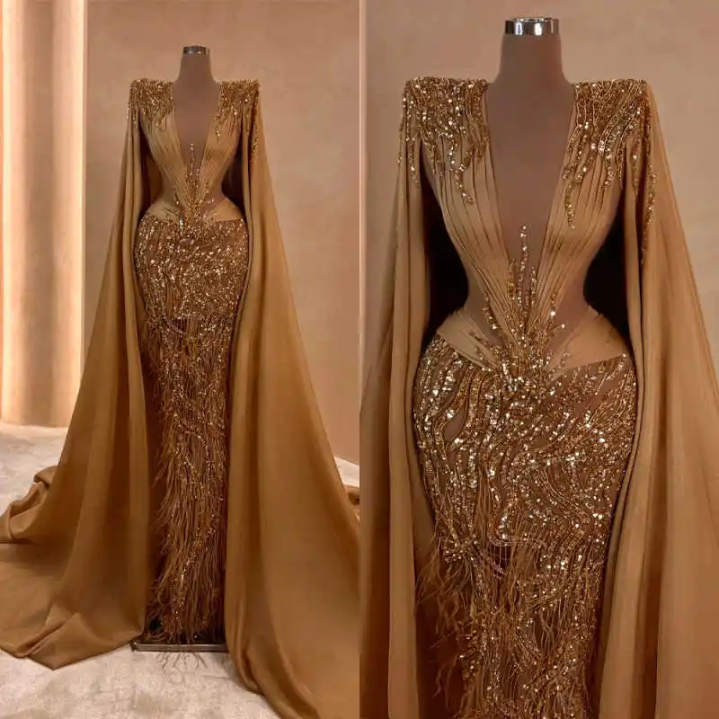 Elegant Sheath Gown Evening Dresses Sequins Deep V-Neck Celebrity Party Prom  Dresses Plus Size Color Customized