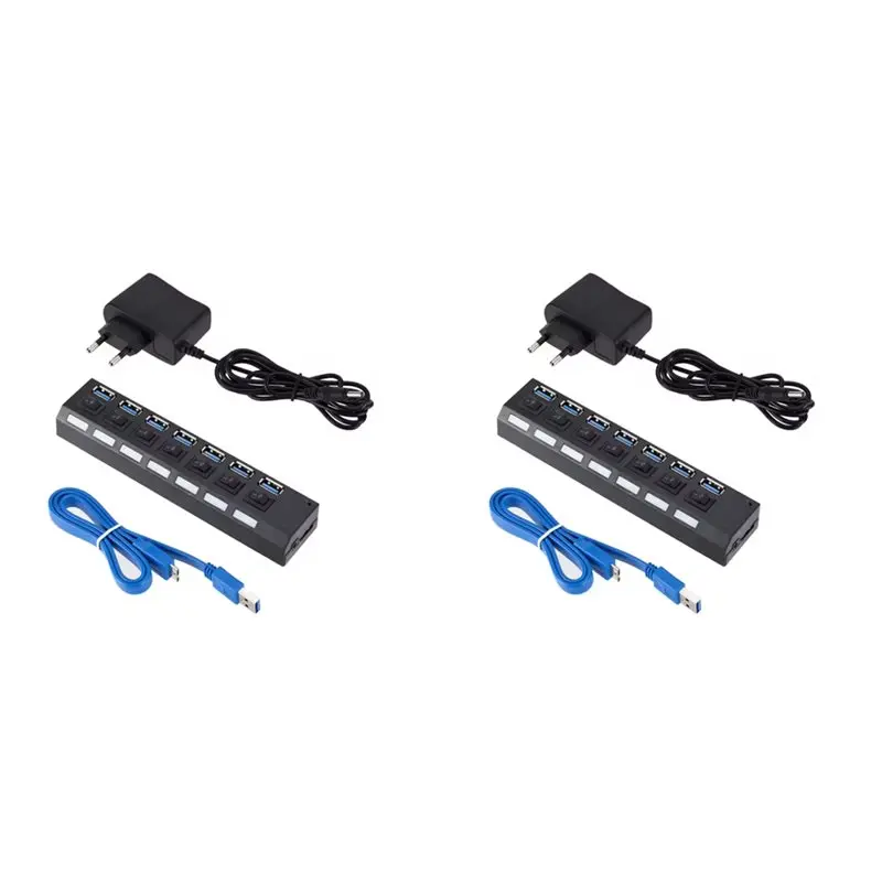 New--2X USB 3.0 Hub USB Hub USB Splitter Use Power Adapter 7 Port Multiple Expander 3.0 USB3 Hub With Switch For PC EU Plug