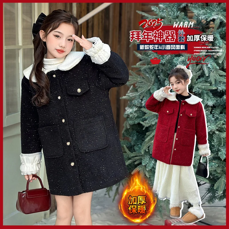 

new years 4-8-10-12-14 red black thicken warm teen girls overcoat French Shining lotus leaf sleeves junior kid Outerwear clothes