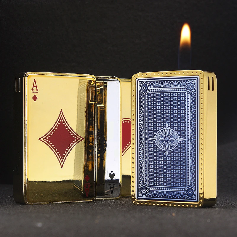 2022 Unusual Metal Playing Cards Jet Lighter Flashlight Turbo Butane Gas Lighter Creative Windproof Outdoor Lighter Fun Toys