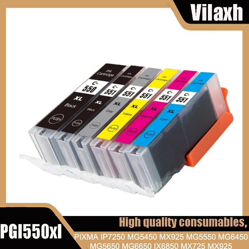 

Vliaxh PGI550 CLI551 PGI 550 CLI 551 Ink Cartridges For Canon Pixma MG 5450 5550 6350 6450 7150 8750 IP 7250 MX 925 725