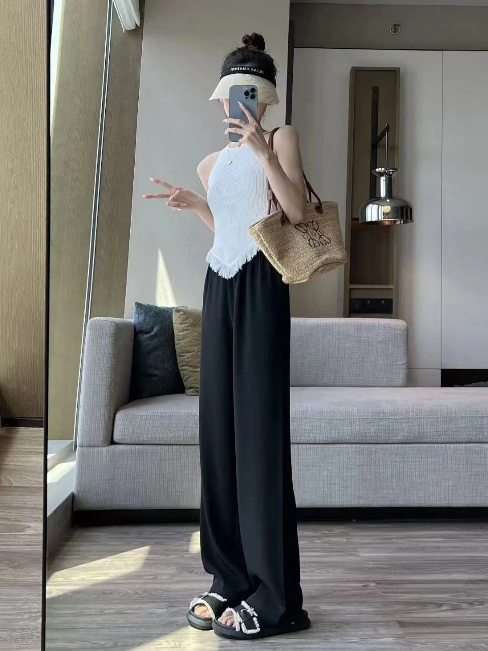 Hot discount 2024 Summer Women's Thin Ice Silk Cool and Smooth Pants Wide Leg Straight Tube Pants Children's Suit Floor Towers