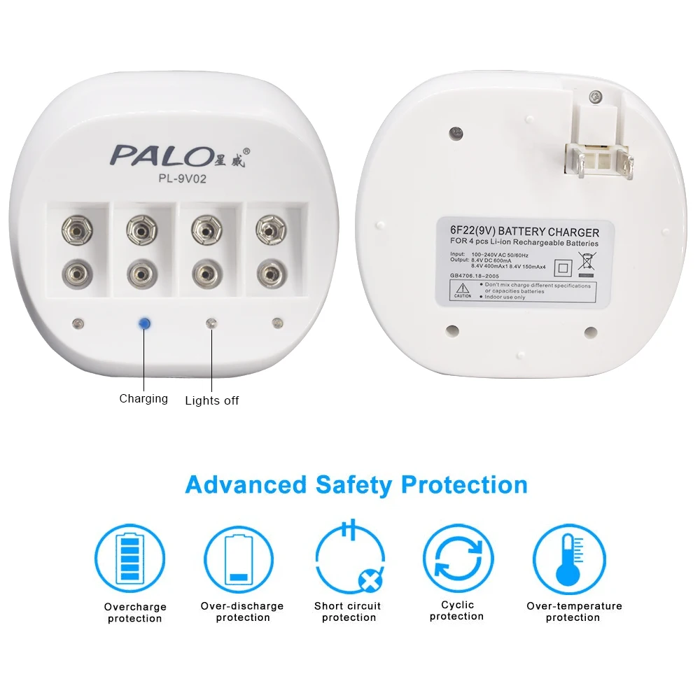 Palo 100% original 600mah 9v li-ion bateria recarregável 9v baterias de lítio para microfone sem fio guitarra brinquedos detector de metais