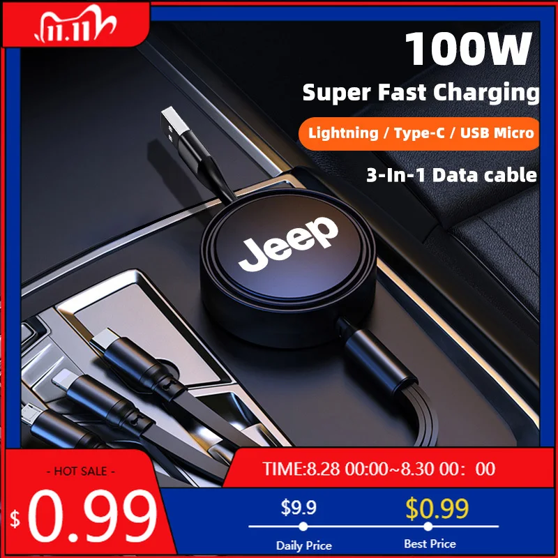 Portavasos 100W carga rápida Cable de datos 3 en 1 accesorios de cargador USB para coche para Jeep Grand Cherokee Wrangler JK Gladiator Compa
