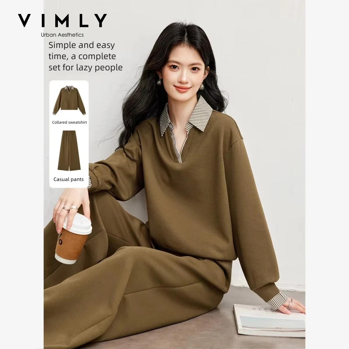 VIMLY Commuter Casual Sweatshirt Set Women 2026 Fall Fake Two-piece Striped Spliced Collared Pullover Pants Two-piece Set A7315
