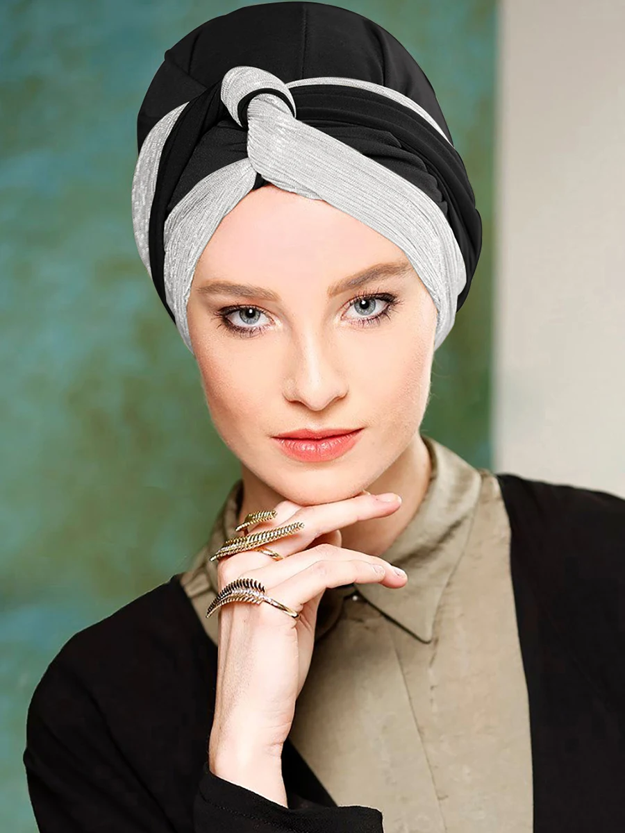 Silver Muslim Inner Hijabs Women Hijab Islamic Muslim Hijab Instant Turban Splicing Style