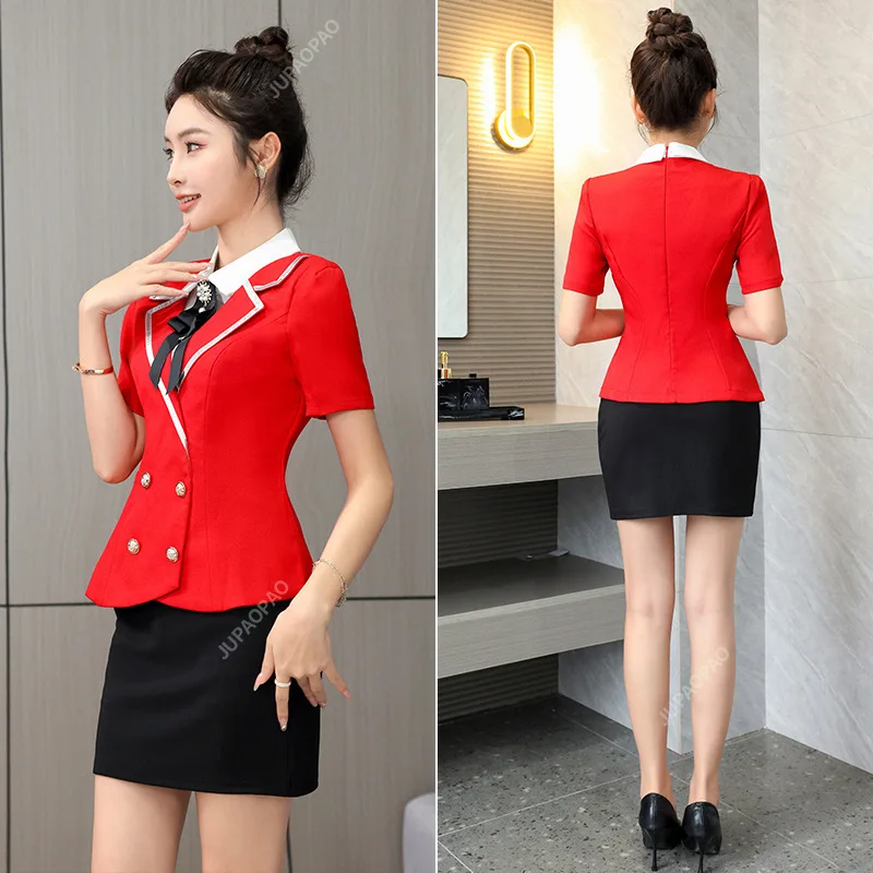 Professional Set Stewardess Uniforms SPA New Fashion Formal Women Short Sleeve Blazer with Skirt Office Ladies Work Wear S-3XL