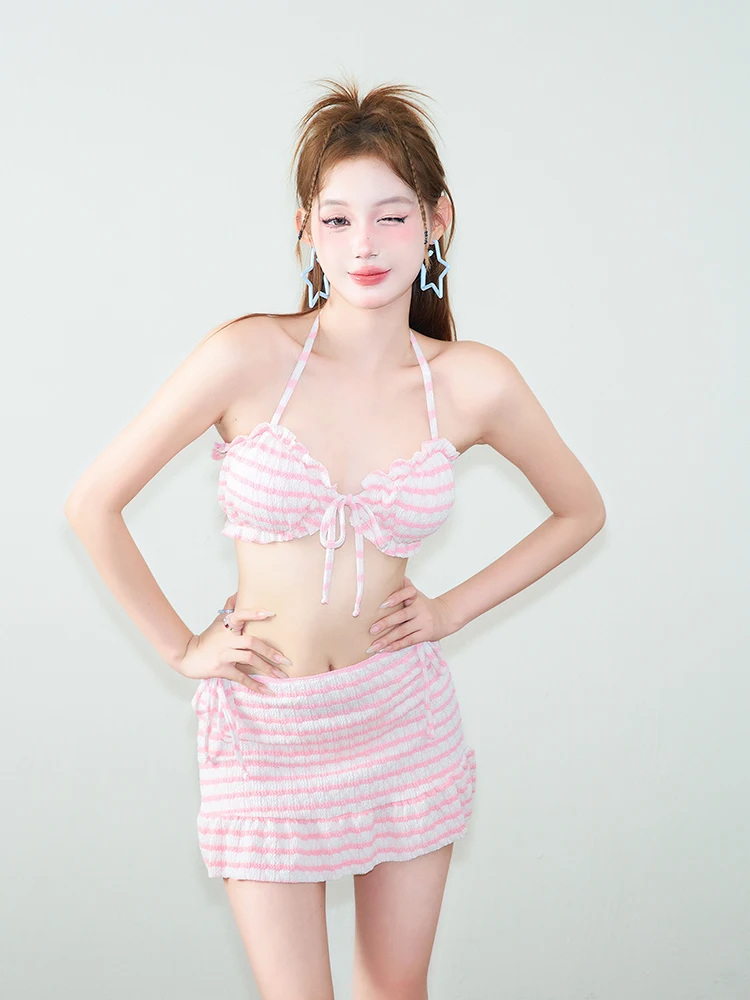 

Mimoi Closet Vintage Pink Striped Bikini Tee-piece Set Women's Sexy Swimming Suit Skirt Sle Sports Yoga Fitn Fan Gear