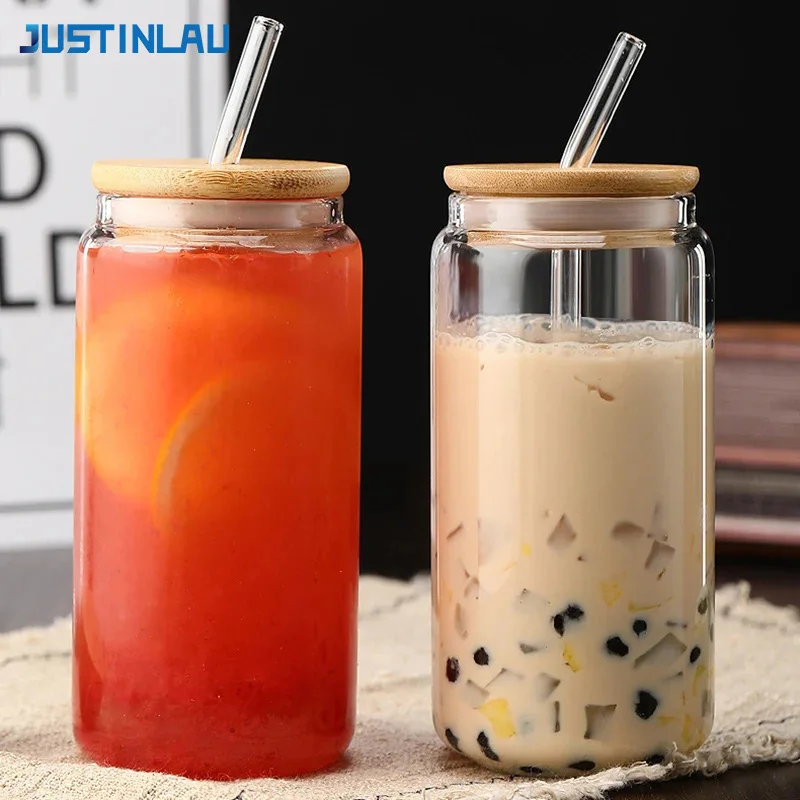 JUSTINLAU Glass Straw Cup with Dustproof Wooden Lid Heat-resisting Transparent Glass Bottle Breakfast Cola Milk Cup Holiday Gift