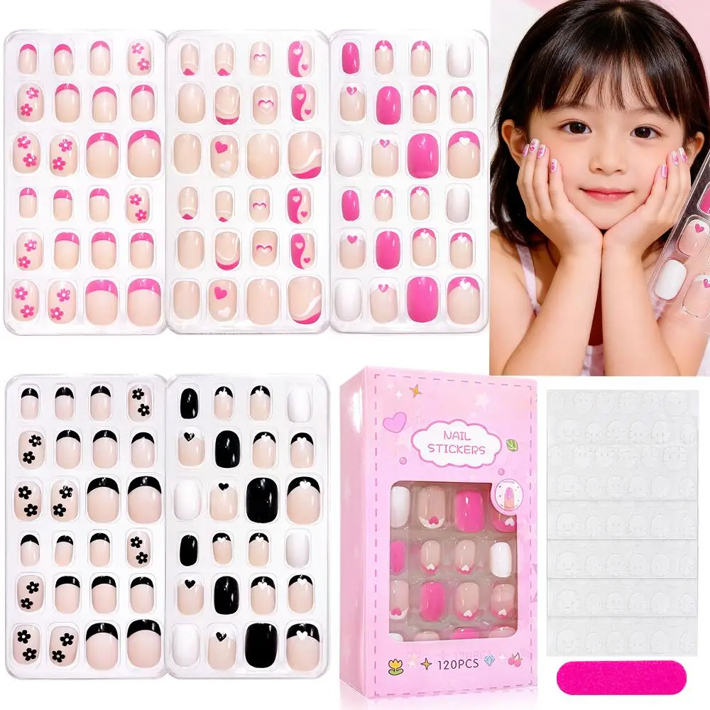 120 Stück Kinder-Kurznägel mit französischer Spitze, rosa, schwarz, Liebesherz- und Blumendesign, zum Aufkleben, tragbare künstliche Fingernägel