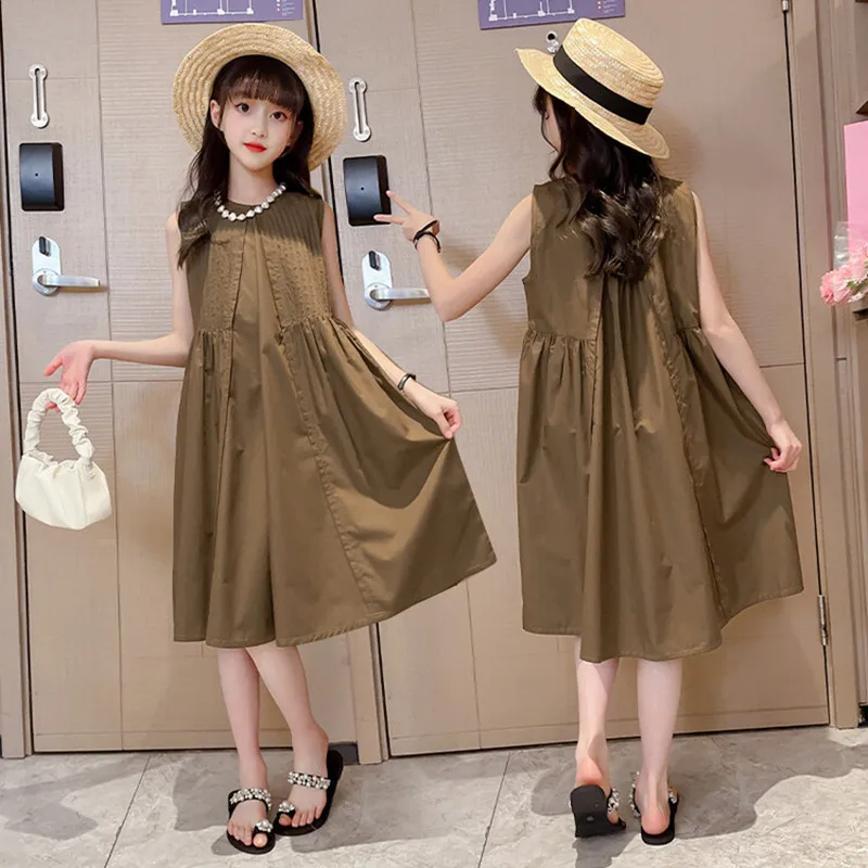 

Children Dress 2023 Summer New Korean Fashion Sleeveless Girl Coffee Color Dress Kids Princess Dress 3 4 5 6 7 8 10 11 12 Years